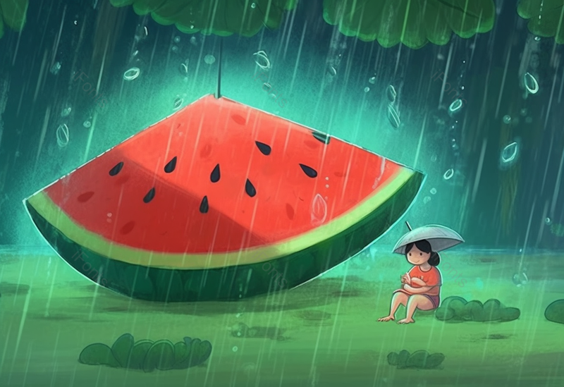 暴雨草地森林夏天夏日女孩坐巨型西瓜沉思儿童节唯美插画,插画/手绘图,插画/手绘图库,插画/手绘图下载,插画/手绘